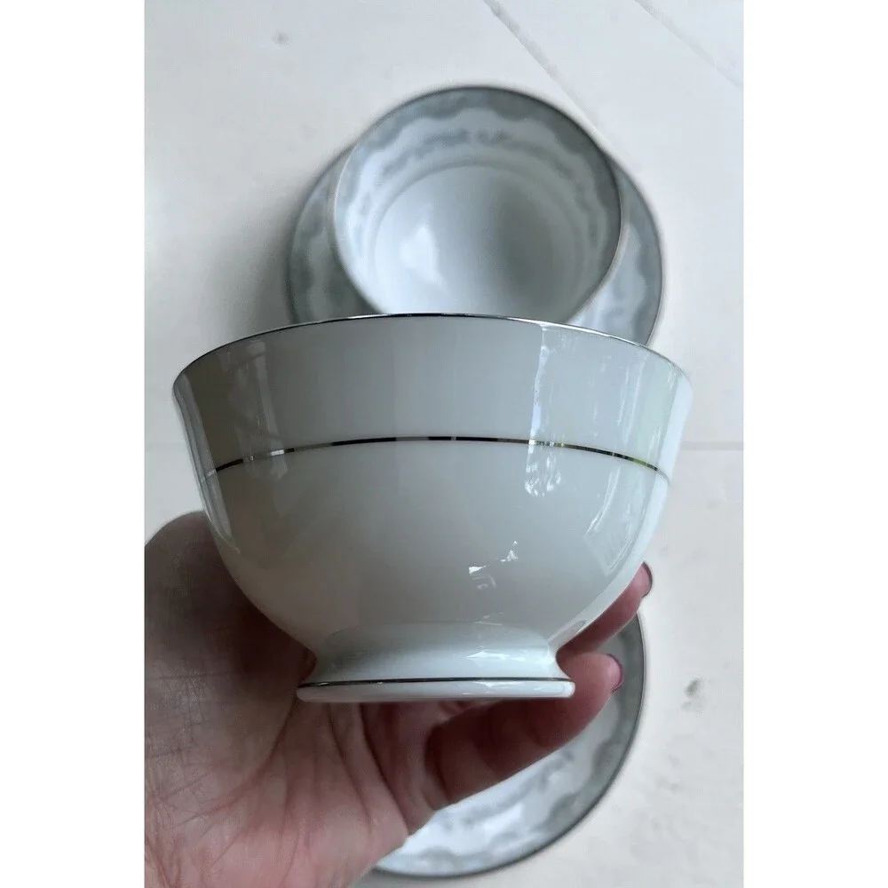 Set of 2 Vintage Noritake 6243 Margaret Tea Cup & Saucer Japan Silver Trim